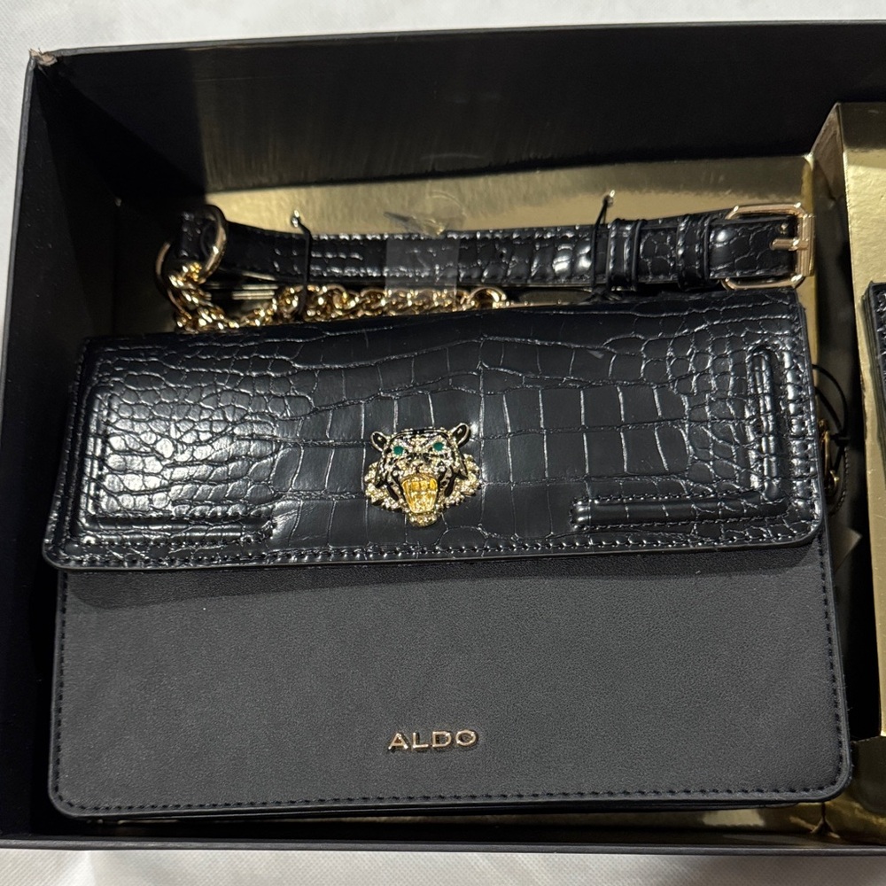 Aldo Black Croc-Embossed Crossbody Bag with Gold Accent
